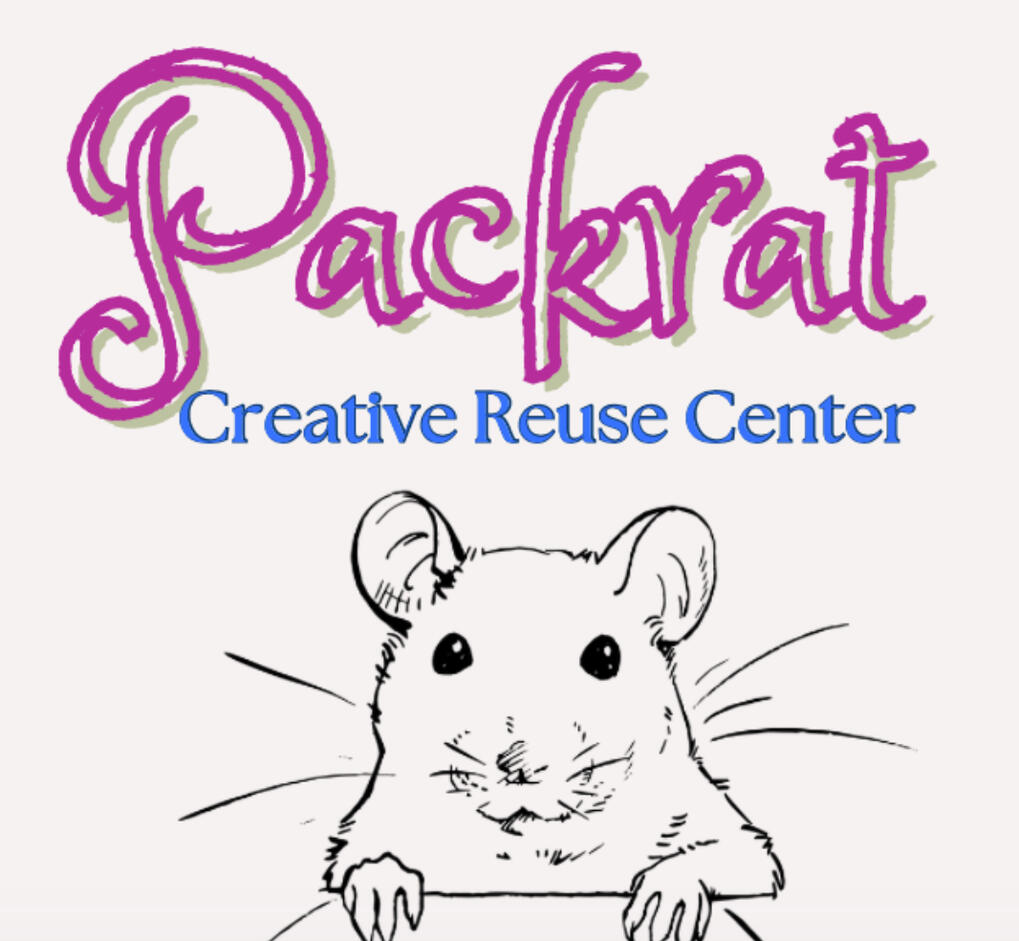 Packrat Creative Reuse Center in Helena Packrat's logo shows a black line drawing of a friendly packrat's head and upper body below a pink script "Packrat" and blue text "Creative Reuse Center"