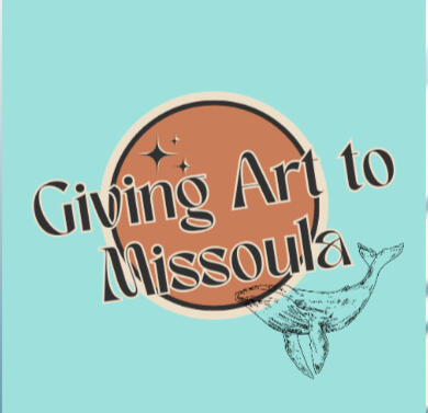 Giving Art to Missoula GAM's logo is turquoise with a central orange circle, an kine drawing of a whale swims in the bottom right corner and the store name is spelled out in black text across the middle